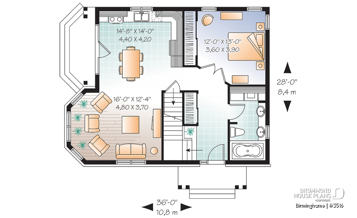 1st level - Country style 2-storey home plan, 3 bedroom cottage with large living room and 8'6 - Birminghame