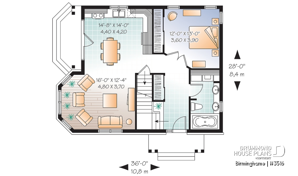 1st level - Country style 2-storey home plan, 3 bedroom cottage with large living room and 8'6 - Birminghame
