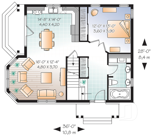 1st level - Country style 2-storey home plan, 3 bedroom cottage with large living room and 8'6 - Birminghame