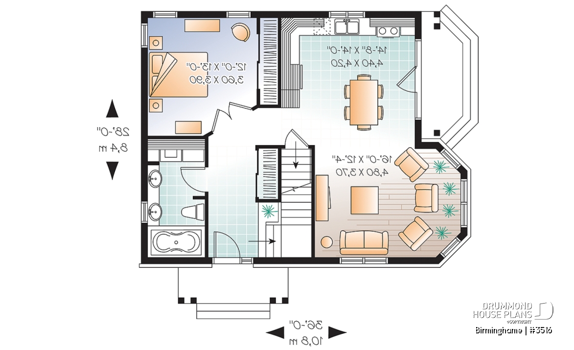 1st level - Country style 2-storey home plan, 3 bedroom cottage with large living room and 8'6 - Birminghame