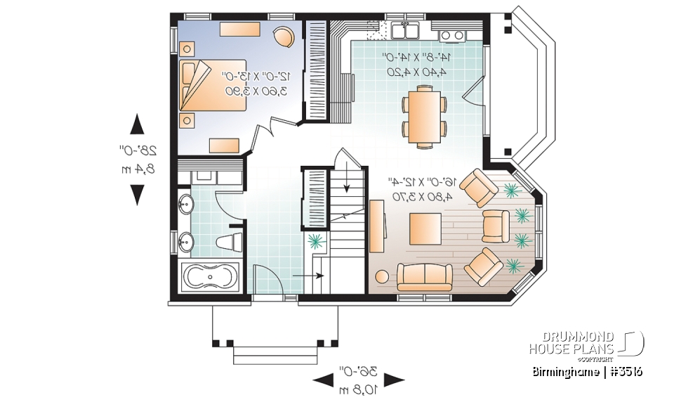 1st level - Country style 2-storey home plan, 3 bedroom cottage with large living room and 8'6 - Birminghame