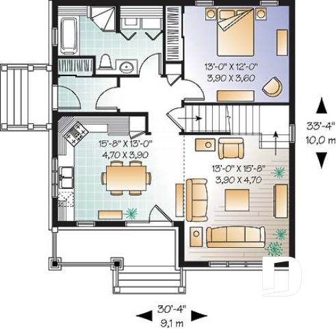 1st level - Affordable Craftsman inspired home with cathedral ceiling, 3 bedrooms, 2 bathrooms and mezzanine - Minuet