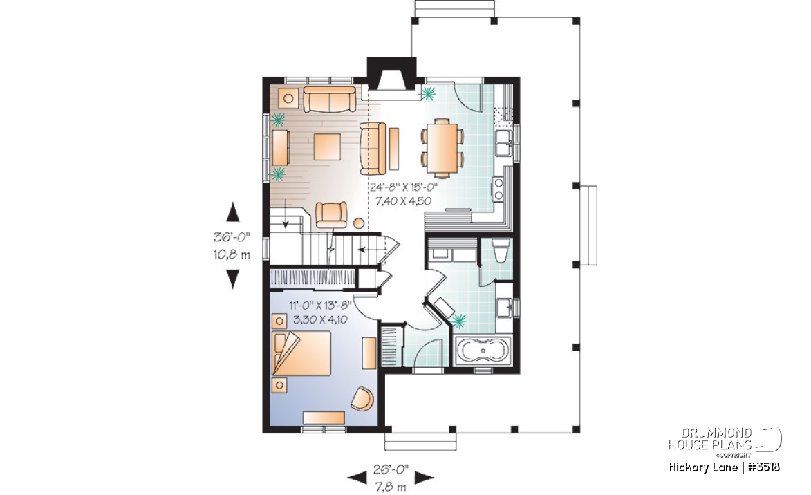 1st level - Beautiful farmhouse cottage house plan with wraparound porch, 3 beds, open floor plan, fireplace, mezzanine - Hickory Lane