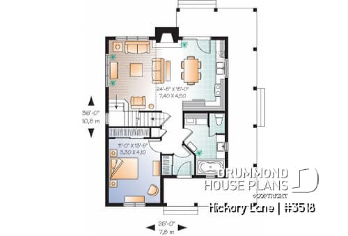 1st level - Beautiful farmhouse cottage house plan with wraparound porch, 3 beds, open floor plan, fireplace, mezzanine - Hickory Lane