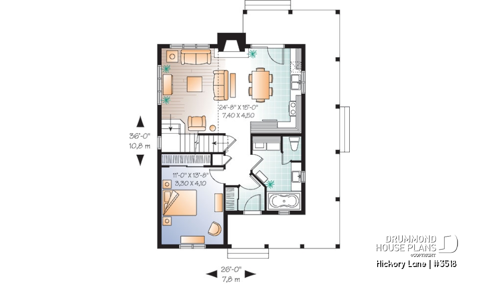 1st level - Beautiful farmhouse cottage house plan with wraparound porch, 3 beds, open floor plan, fireplace, mezzanine - Hickory Lane