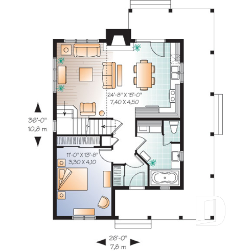 1st level - Beautiful farmhouse cottage house plan with wraparound porch, 3 beds, open floor plan, fireplace, mezzanine - Hickory Lane