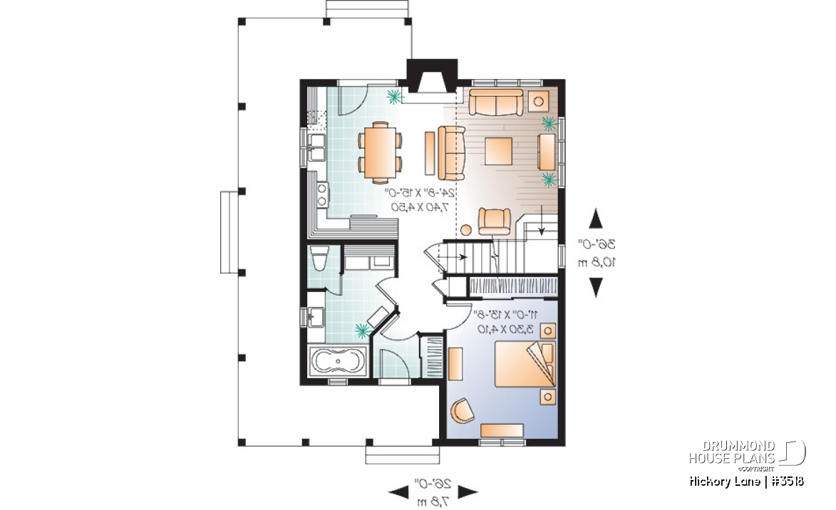 1st level - Beautiful farmhouse cottage house plan with wraparound porch, 3 beds, open floor plan, fireplace, mezzanine - Hickory Lane