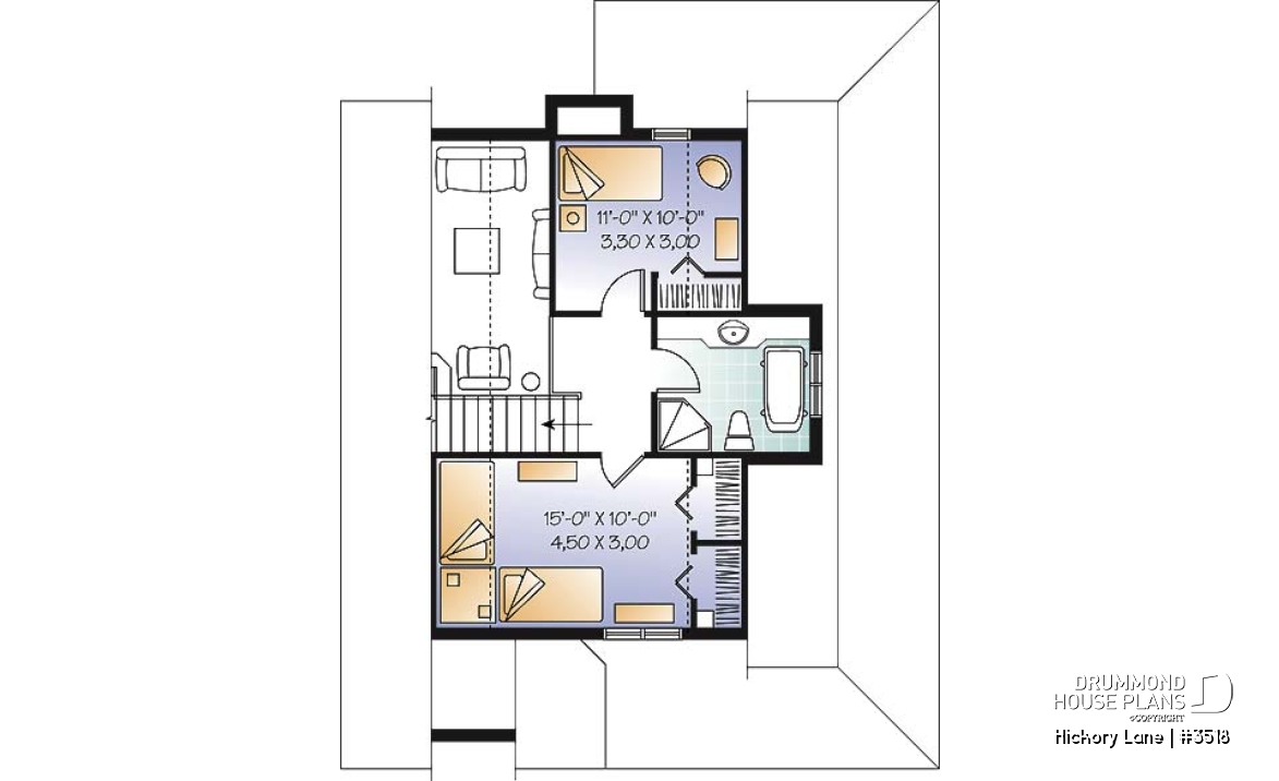 2nd level - Beautiful farmhouse cottage house plan with wraparound porch, 3 beds, open floor plan, fireplace, mezzanine - Hickory Lane