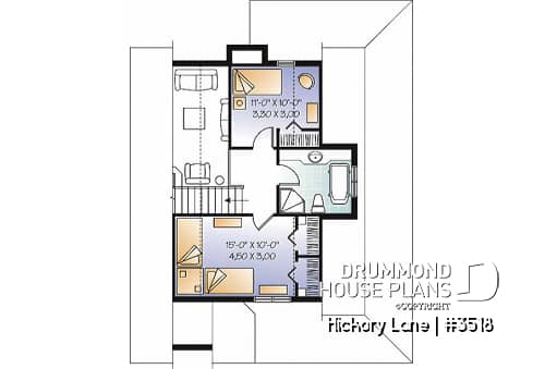 2nd level - Beautiful farmhouse cottage house plan with wraparound porch, 3 beds, open floor plan, fireplace, mezzanine - Hickory Lane