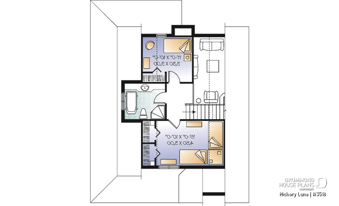 2nd level - Beautiful farmhouse cottage house plan with wraparound porch, 3 beds, open floor plan, fireplace, mezzanine - Hickory Lane