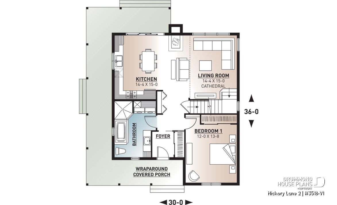 1st level - Beautiful and small new modern cottage home design 4 bedrooms, 2 baths, open floor plan, affordable, fireplace - Hickory Lane 2
