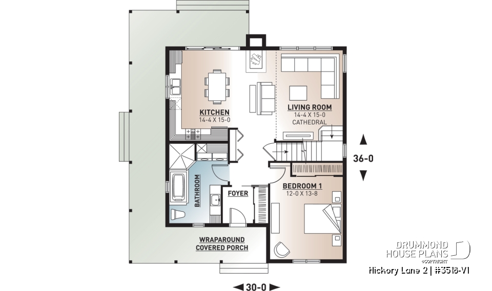1st level - Beautiful and small new modern cottage home design 4 bedrooms, 2 baths, open floor plan, affordable, fireplace - Hickory Lane 2