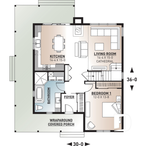 1st level - Beautiful and small new modern cottage home design 4 bedrooms, 2 baths, open floor plan, affordable, fireplace - Hickory Lane 2
