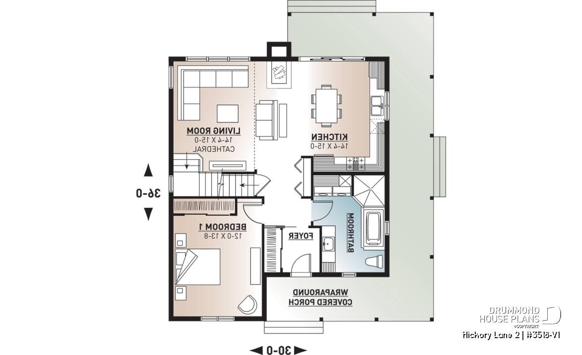 1st level - Beautiful and small new modern cottage home design 4 bedrooms, 2 baths, open floor plan, affordable, fireplace - Hickory Lane 2