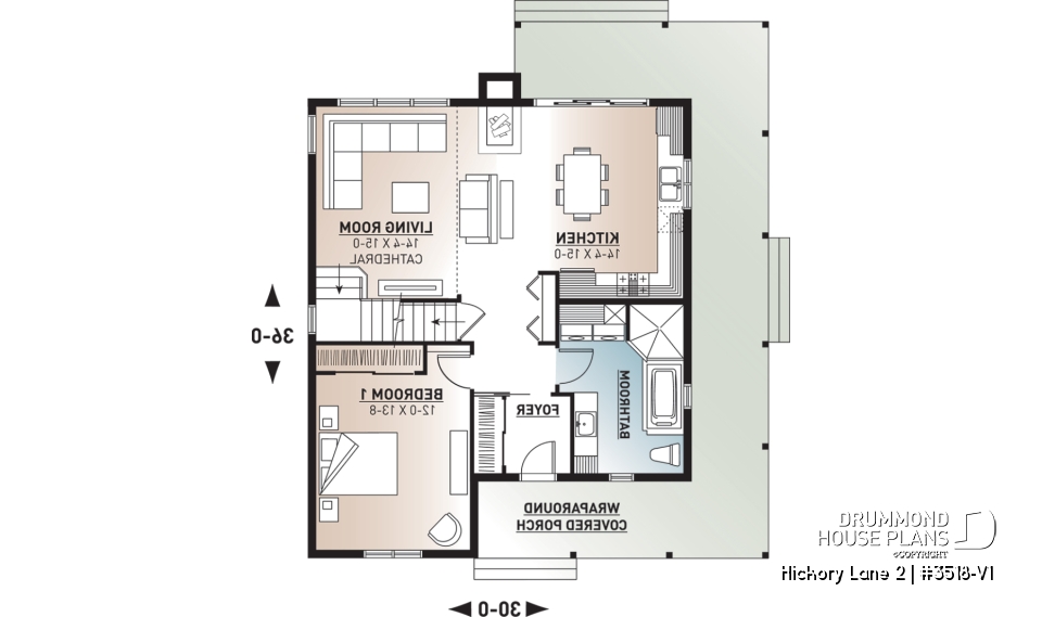 1st level - Beautiful and small new modern cottage home design 4 bedrooms, 2 baths, open floor plan, affordable, fireplace - Hickory Lane 2