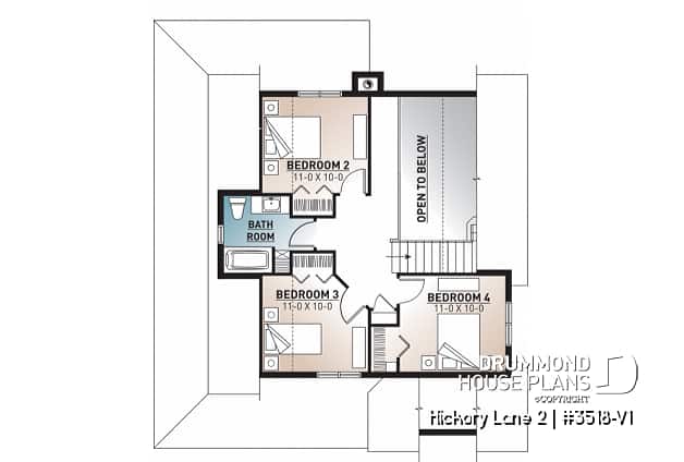 2nd level - Beautiful and small new modern cottage house plan, 4 bedrooms, 2 baths, open floor plan, affordable, fireplace - Hickory Lane 2