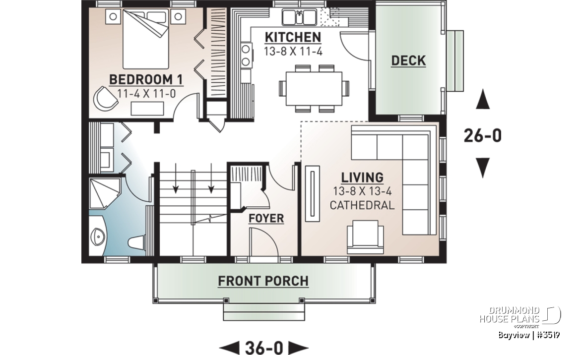 1st level - Attractive small 3 bedrooms country house plan, 2 baths cottage house plan, planning desk, mezzanine, veranda - Bayview
