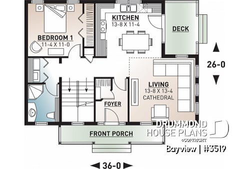 1st level - Attractive small 3 bedrooms country house plan, 2 baths cottage house plan, planning desk, mezzanine, veranda - Bayview