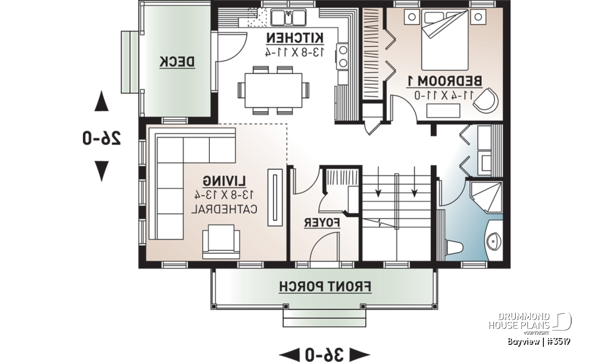1st level - Attractive small 3 bedrooms country house plan, 2 baths cottage house plan, planning desk, mezzanine, veranda - Bayview