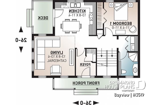 1st level - Attractive small 3 bedrooms country house plan, 2 baths cottage house plan, planning desk, mezzanine, veranda - Bayview