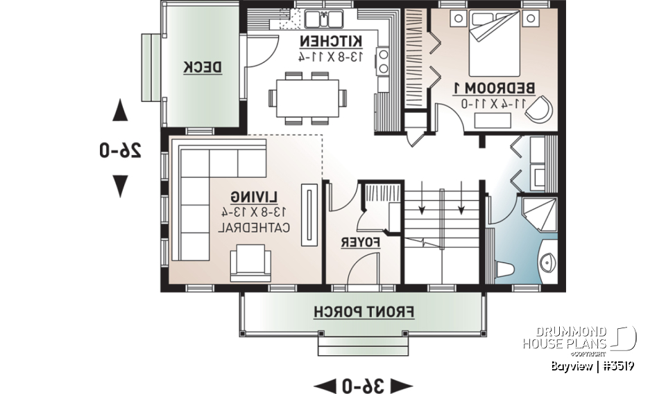 1st level - Attractive small 3 bedrooms country house plan, 2 baths cottage house plan, planning desk, mezzanine, veranda - Bayview