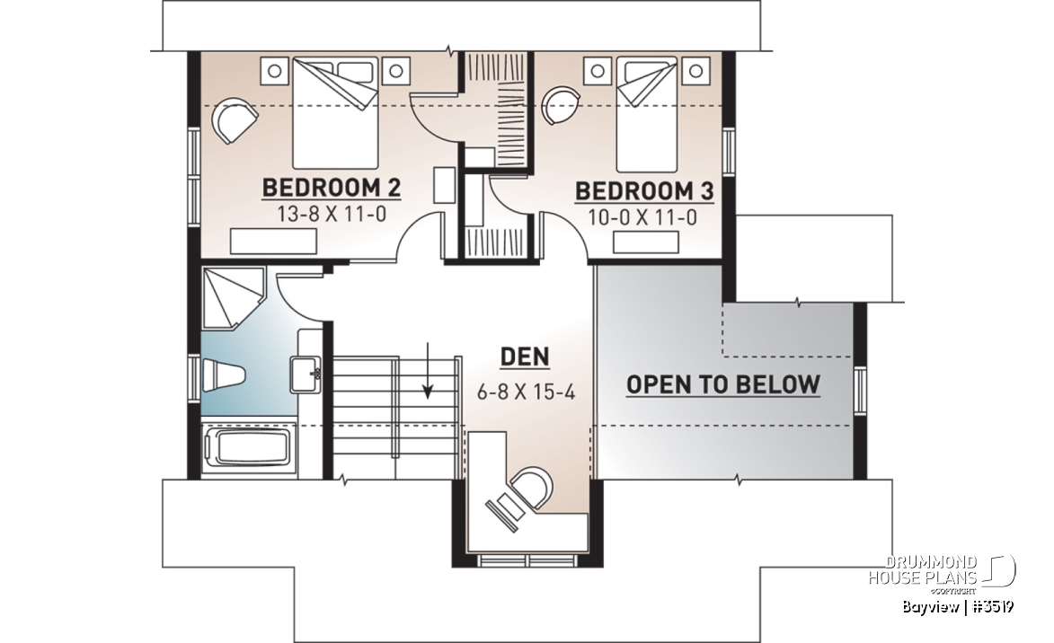 2nd level - Attractive small 3 bedrooms country house plan, 2 baths cottage house plan, planning desk, mezzanine, veranda - Bayview