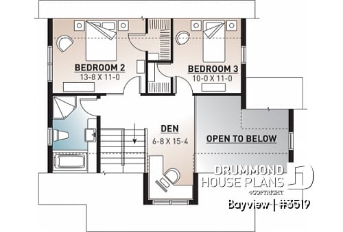 2nd level - Attractive small 3 bedrooms country house plan, 2 baths cottage house plan, planning desk, mezzanine, veranda - Bayview