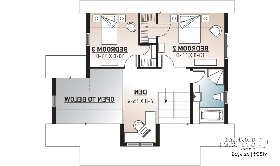 2nd level - Attractive small 3 bedrooms country house plan, 2 baths cottage house plan, planning desk, mezzanine, veranda - Bayview