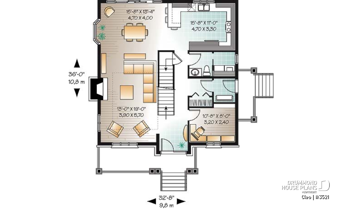 1st level - Manor style house plan with 3 bedroom, home office and mezzanine - Cleo