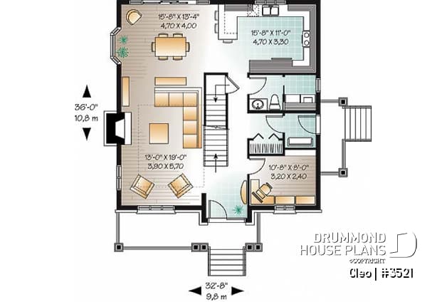1st level - Manor style house plan with 3 bedroom, home office and mezzanine - Cleo
