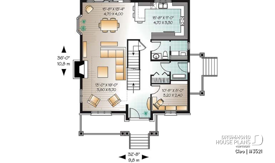 1st level - Manor style house plan with 3 bedroom, home office and mezzanine - Cleo