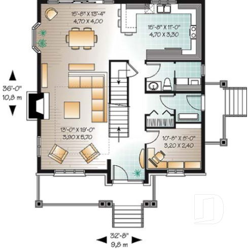 1st level - Manor style house plan with 3 bedroom, home office and mezzanine - Cleo