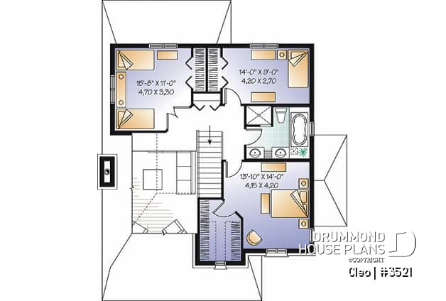 2nd level - Manor style house plan with 3 bedroom, home office and mezzanine - Cleo
