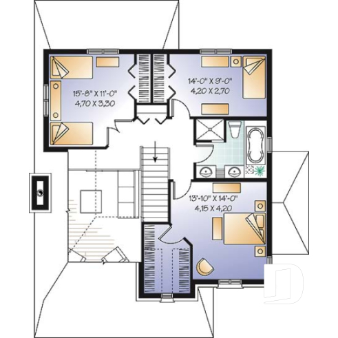 2nd level - Manor style house plan with 3 bedroom, home office and mezzanine - Cleo