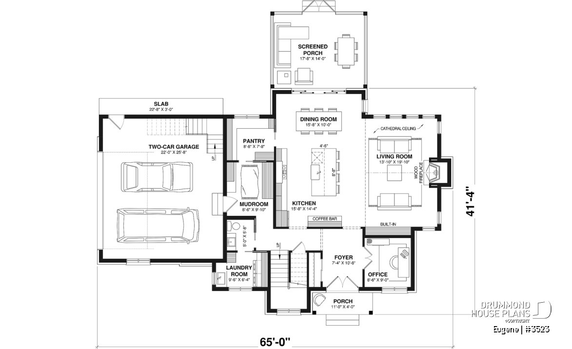 1st level - Slab foundation (Optional $) - Two-story English Tudor-inspired house plan with double garage and up to 5 bedrooms. - Eugene