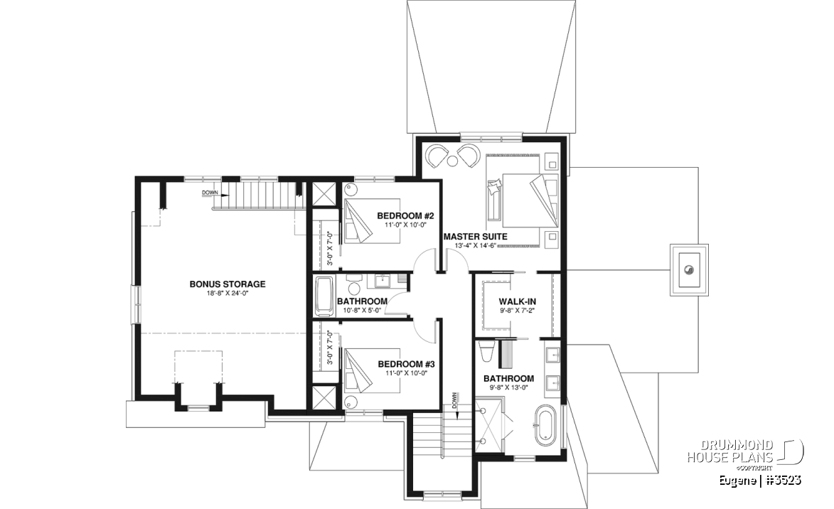 2nd level - Two-story English Tudor-inspired house plan with double garage and up to 5 bedrooms. - Eugene