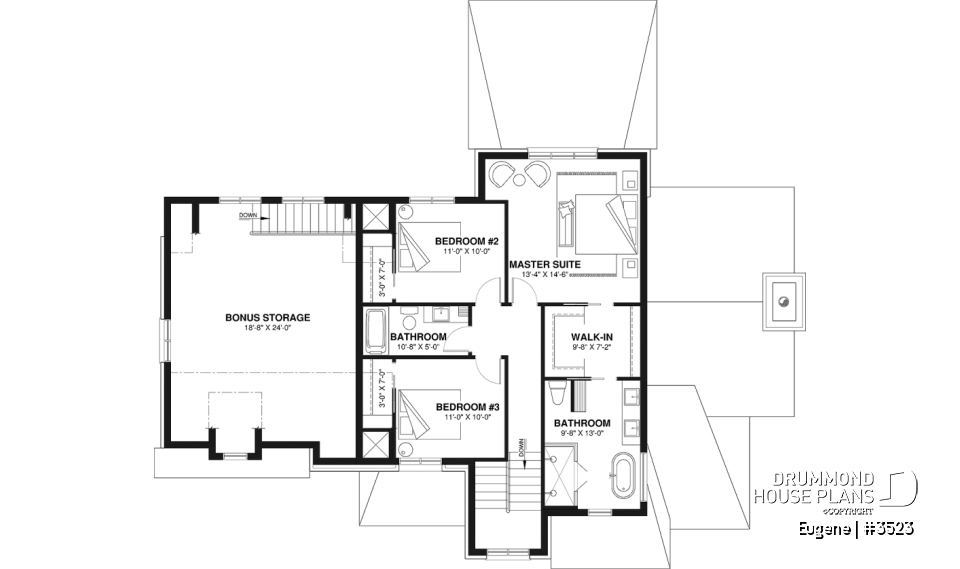 2nd level - Two-story English Tudor-inspired house plan with double garage and up to 5 bedrooms. - Eugene
