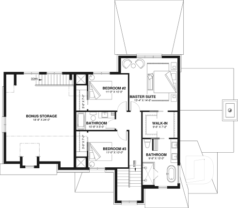 2nd level - Two-story English Tudor-inspired house plan with double garage and up to 5 bedrooms. - Eugene