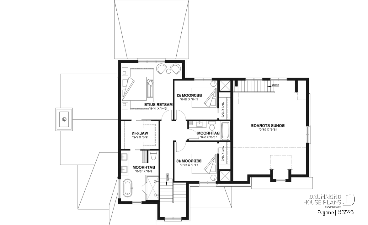 2nd level - Two-story English Tudor-inspired house plan with double garage and up to 5 bedrooms. - Eugene