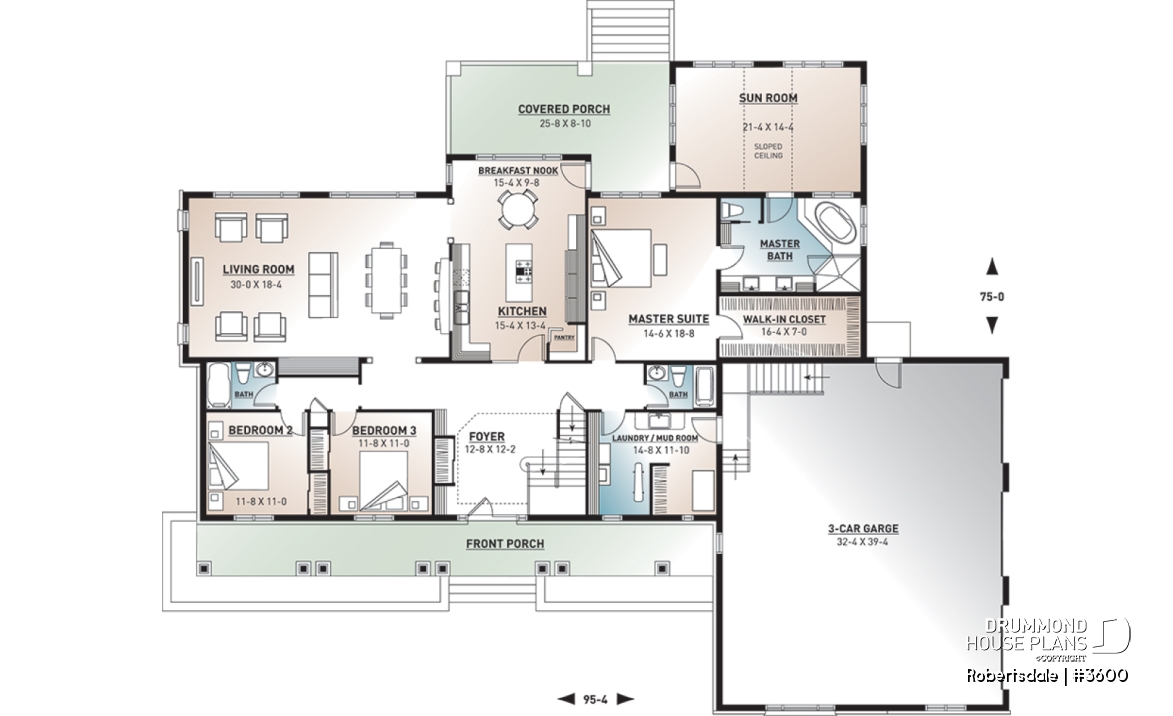 1st level - 5 to 6 bedrooms Traditional Bungalow house plan, with 3-car garage and two separate family rooms - Robertsdale