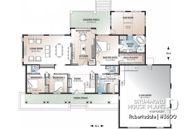 1st level - 5 to 6 bedrooms Traditional Bungalow house plan, with 3-car garage and two separate family rooms - Robertsdale