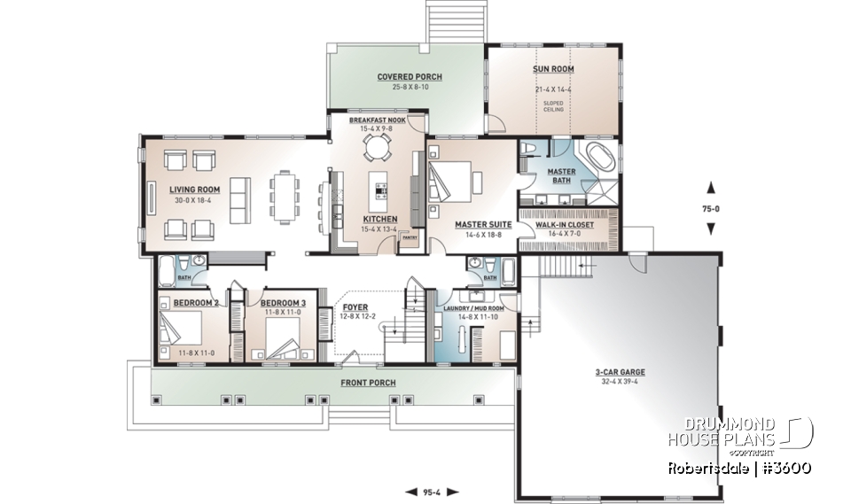 1st level - 5 to 6 bedrooms Traditional Bungalow house plan, with 3-car garage and two separate family rooms - Robertsdale