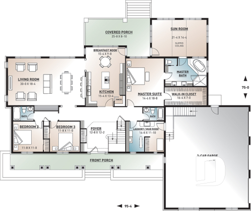 1st level - 5 to 6 bedrooms Traditional Bungalow house plan, with 3-car garage and two separate family rooms - Robertsdale