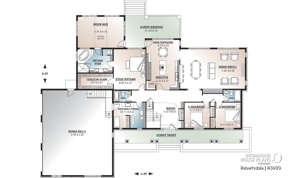 1st level - 5 to 6 bedrooms Traditional Bungalow house plan, with 3-car garage and two separate family rooms - Robertsdale