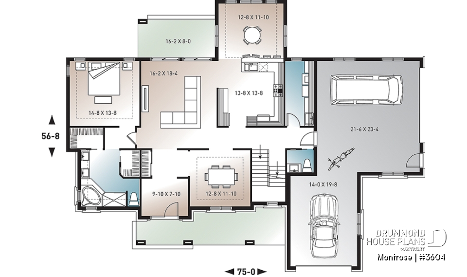 1st level - Beautiful 4 bedrooms ranch style house plan, 2 master suites, 3-car garage, 9' ceiling, formal dining room - Montrose