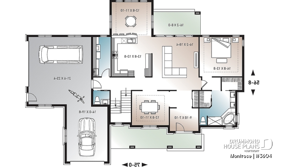 1st level - Beautiful 4 bedrooms ranch style house plan, 2 master suites, 3-car garage, 9' ceiling, formal dining room - Montrose