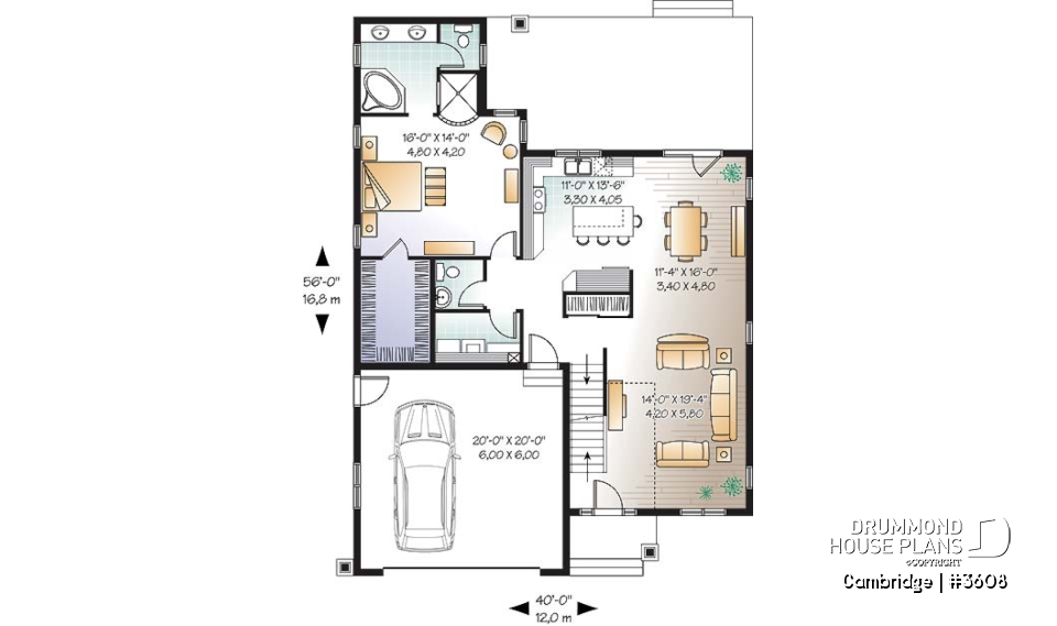 1st level - 4-5 Bedroom Bungalow house plan, 2-car garage, large covered deck, laundry and master suite on main floor - Cambridge