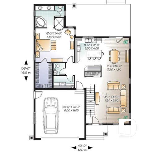1st level - 4-5 Bedroom Bungalow house plan, 2-car garage, large covered deck, laundry and master suite on main floor - Cambridge