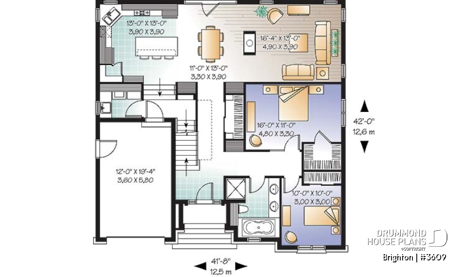 1st level - European style house plan, 3 bedroom with 2 living rooms, large kitchen and garage - Brighton