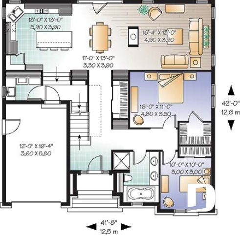 1st level - European style house plan, 3 bedroom with 2 living rooms, large kitchen and garage - Brighton